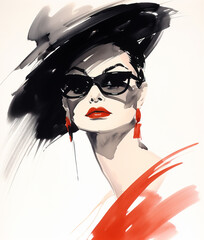 Beautiful fashionable young woman in hat and sunglasses, retro fashion sketch illustration