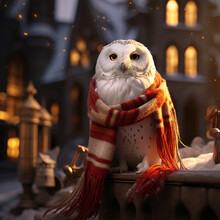 Hedwig The Snowy White Owl Seated In Front Of The Camera, With A Red And Yellow Scarf