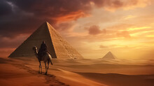 Great Pyramids Of Giza, Evening In The Desert, Man Riding A Camel The Concept Of Tourism And The Wonders Of The World.