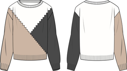 Women's Colour-block Sweater- Technical fashion illustration. Front and back, colored. Women's CAD mock-up.