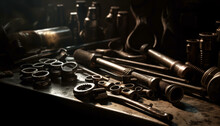 Metallic Work Tools In A Rusty Repair Shop Close Up Generated By AI