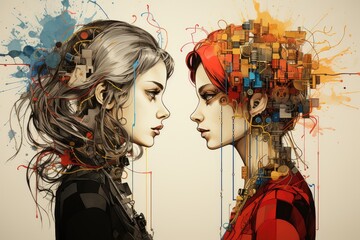 Wall Mural - A couple of women standing next to each other. Generative AI.
