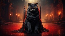 A Black Cat Powered By Demonic Presence Sitting On Top Of A Red Chair, Halloween Image. Generative AI.