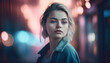 © djvstock - Beautiful young woman with confidence and sensuality, illuminated at dusk generated by AI