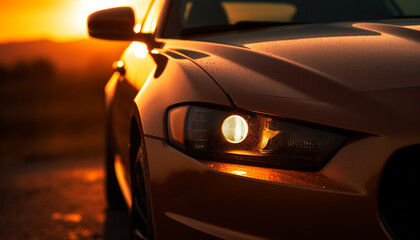 Sticker - Luxury sports car driving on asphalt at dusk, headlights illuminated generated by AI