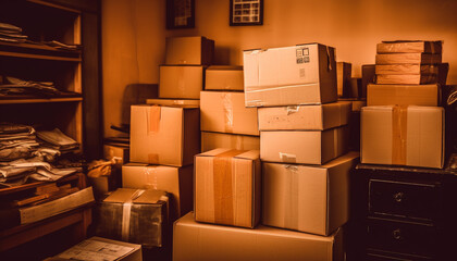 Wall Mural - Large cardboard boxes stacked in a warehouse for shipping industry generated by AI