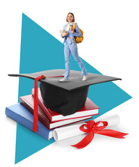 Diploma with red ribbon, graduation hat and books isolated on white background