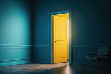 Wall Mural - Slightly open yellow door in empty blue room with chair, created with Generative AI.