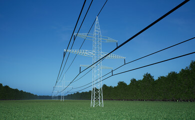 Electric grid delivering high voltage electricity using wires over blue sky. Energy flowing through industrial equipment cables hanging on power pylon, 3D render animation