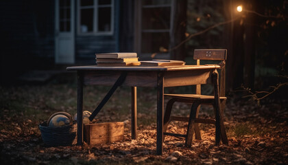 Poster - Rustic wooden chair stacked with books in abandoned library generated by AI