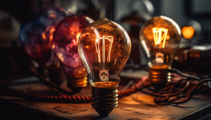 Poster - Bright glowing filament inspires innovation in old fashioned electric lamp generated by AI