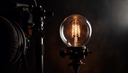 Sticker - Antique electric lamp glowing bright, illuminating glass filament close up generated by AI