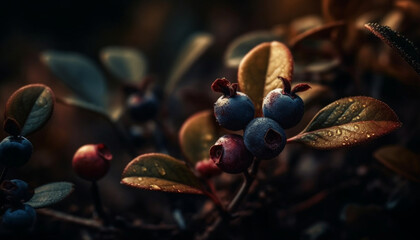 Wall Mural - Ripe blueberries on wet branch, a macro view of freshness generated by AI