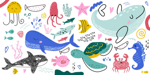 children's drawing with sea animals. vector illustration with cute animals, underwater world. hand d