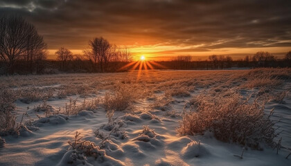 Poster - Tranquil winter landscape: sun sets over frosty forest and meadow generated by AI