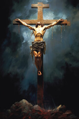 Poster - Jesus Christ crucified on cross, on Mount Golgotha. Died for the sins of mankind, son of God, Bible, faith. christmas catholic religion, christian , happy easter, praying good friday. Generative AI.