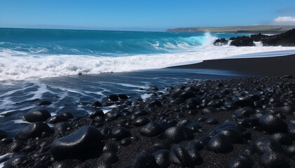 Poster - Tranquil seascape: breaking waves, rocky coastline, tropical beauty in nature generated by AI