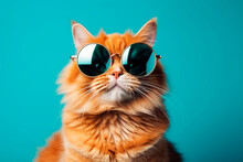Funny Ginger Cat With Sunglass, In Turquoise Background . Generative AI