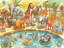 The Vibrant Illustration Captures A Bustling Zoo Scene, Teeming With Playful Creatures. Monkeys Swing From Branches, While Giraffes Gracefully Tower Above, Creating . Generated With AI.