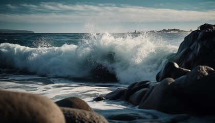 Poster - Tranquil seascape at dusk, waves crashing on rocky coastline generated by AI