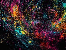 An Explosive Display Of Vibrant Neon Paint Splashes And Mesmerizing Swirls Dance Across A Dramatic Black Backdrop, Creating A Dynamic And Captivating Abstract Compos. Generated With AI.