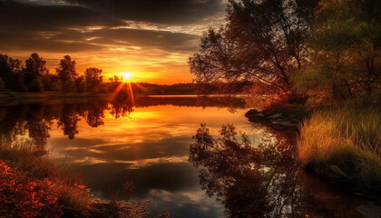 Wall Mural - Tranquil sunset reflects vibrant colors of nature in rural landscape generated by AI