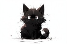 Cute Black Cat In Drawing Style. Halloween Superstition Concept. AI Generated, Human Enhanced