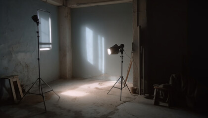 Poster - Modern studio equipment illuminates dark performance space for photography shoot generated by AI