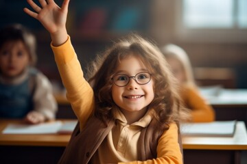 Canvas Print - The child raises his hand for an answer in the classroom. Back To School concept. Backdrop with selective focus