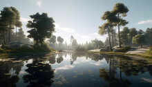 Tranquil Scene Of Autumn Forest With Reflection In Peaceful Pond Generated By AI