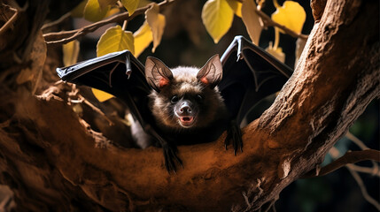 Poster - Curious bat sitting in tree head face portrait - Generative AI