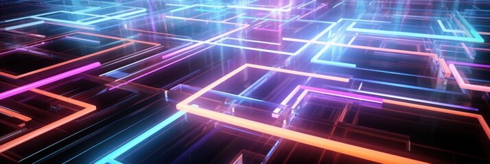 Neon Light Squares. glowing lines, tunnel, neon lights, virtual reality, square portal, arch. Neon Light Geometric Objects. Made With Generative AI. 