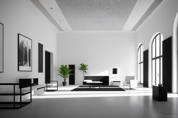 Wall Mural - Interior of modern office waiting room with white walls, concrete floor, white computer tables and black armchairs. 3d rendering