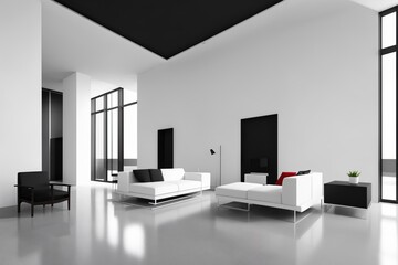 Wall Mural - Interior of modern office waiting room with white walls, concrete floor, white computer tables and black armchairs. 3d rendering