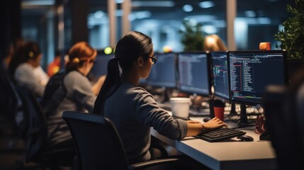 A scene showcasing a team of software developers coding, collaborating, and testing applications in a modern development environment
