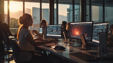 A scene showcasing a team of software developers coding, collaborating, and testing applications in a modern development environment