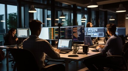 A scene showcasing a team of software developers coding, collaborating, and testing applications in a modern development environment