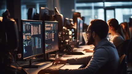 A scene showcasing a team of software developers coding, collaborating, and testing applications in a modern development environment
