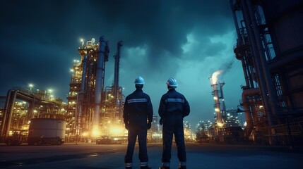 Poster - Engineer team in uniform are safety survey of the oil refiner industry with generative ai