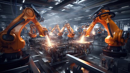 Canvas Print - welding arm on the automobile production line is being welded with generative ai