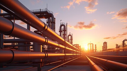 Canvas Print - Gas Pipeline and pipe rack of petroleum industrial plant with sunset sky background with generative ai