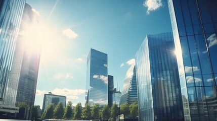 Wall Mural - Skyscraper glass facades on a bright sunny day with sunbeams in the blue sky. Modern buildings with generative ai