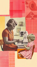 Young Child Playing With 60s Housewife Mother Using Sewing Machine. Collage With Photo Montage Using Paper Cutouts, Decorative Fabrics, Vintage Photograph Cut Out, Retro Poster Vertical. Mom And Son