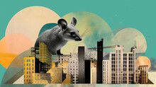 Collage with cut-out image of a mouse and a cutout of cityscape on green background. Concept of invasive animal in the city, horizontal advertising art print. animals wallpaper with clipped photo