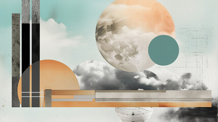 Surreal full moon and planet in the sky with clouds, horizontal abstract poster, dreamy collage, satellites. Cutout space elements and clipped globe. Decorative wallpaper for the home, moonlight