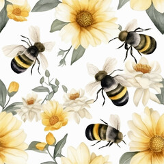 Flower bee seamless pattern vector