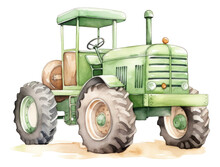 Watercolor Green Tractor Isolated.
