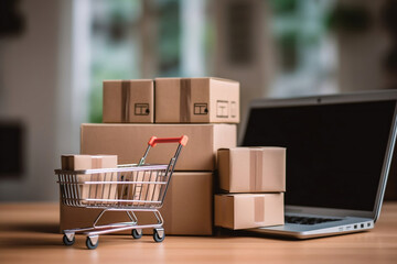 Wall Mural - Tiny shopping cart and parcels and laptop computer at home, delivery service, e-commerce, online shopping and marketplace concept. Generative AI