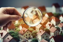 Hand Holding Magnifying Glass And Looking At House