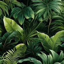 Jungle Exotic Composition Tropical Leaves Pattern Vintage Green With Palm